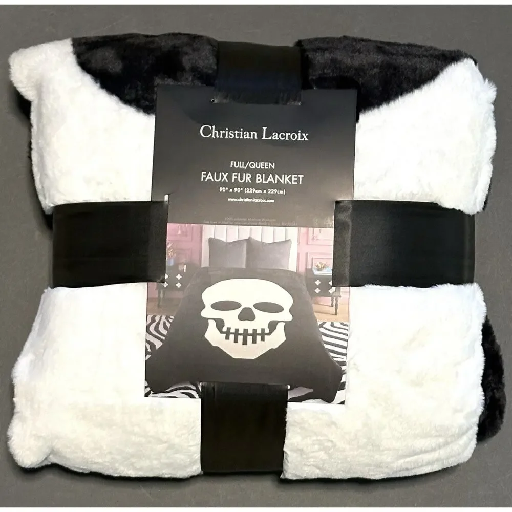 Christian Lacroix Full / Queen Faux Fur Blanket Skull Skeleton Halloween Goth - Picture 3 of 13